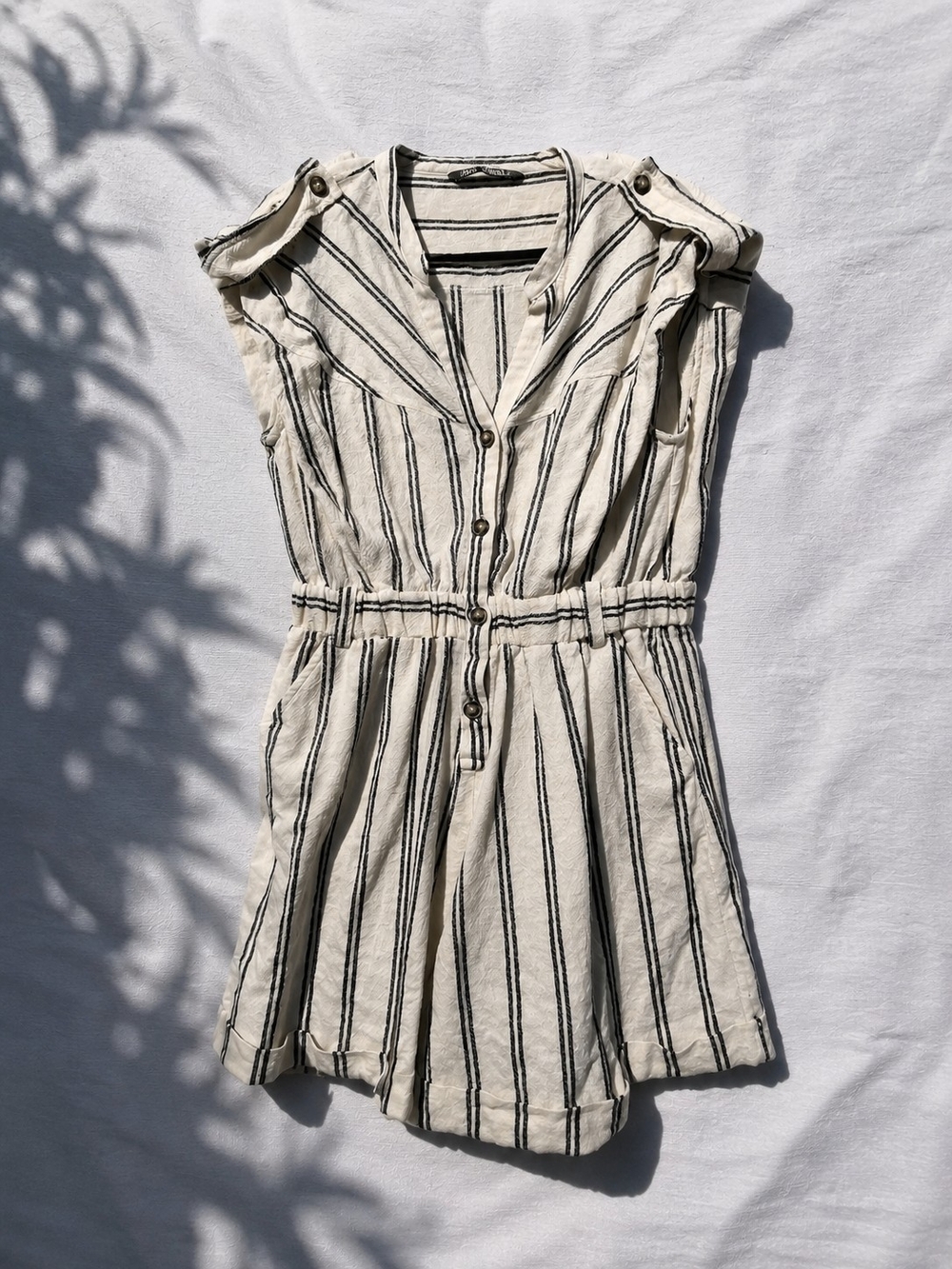 Zara Striped Cream and Black Button Romper